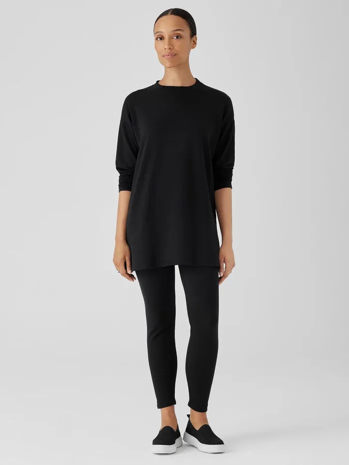 Cozy Brushed Terry Hug Crew Neck Long Top Black Women Eileen Fisher Tops and Tees