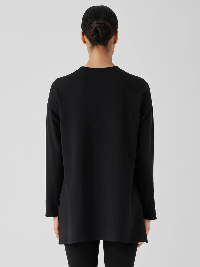 Cozy Brushed Terry Hug Crew Neck Long Top Black Women Eileen Fisher Tops and Tees