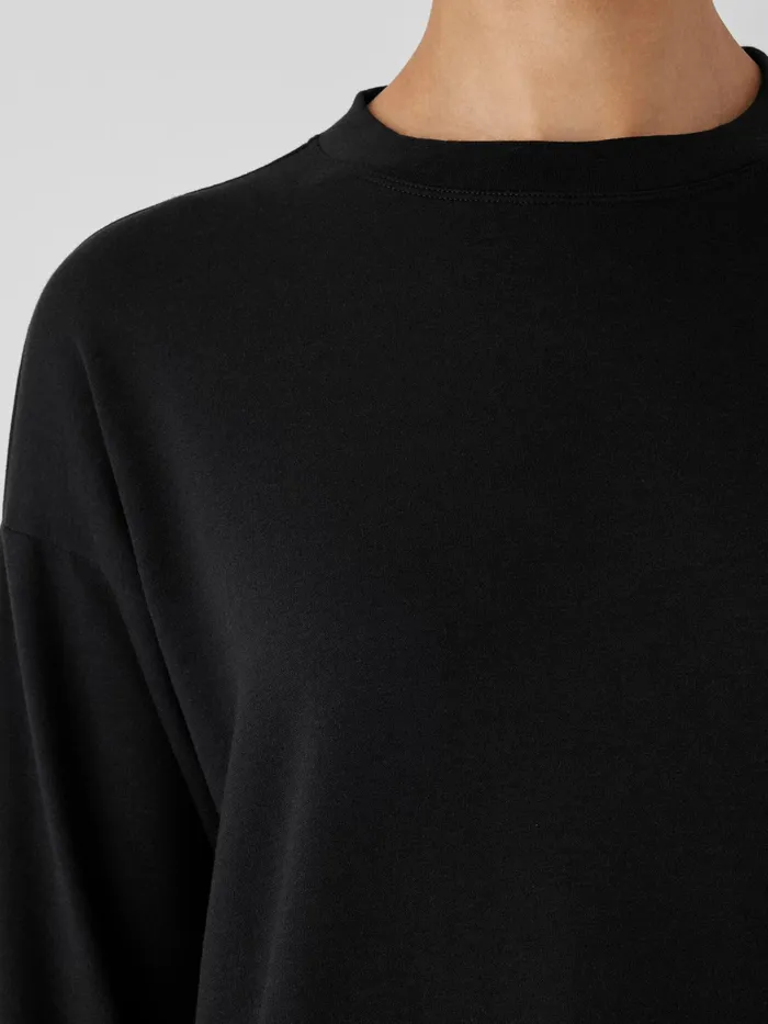 Cozy Brushed Terry Hug Crew Neck Long Top Black Women Eileen Fisher Tops and Tees