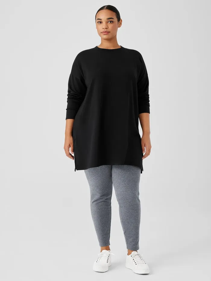 Cozy Brushed Terry Hug Crew Neck Long Top Black Women Eileen Fisher Tops and Tees
