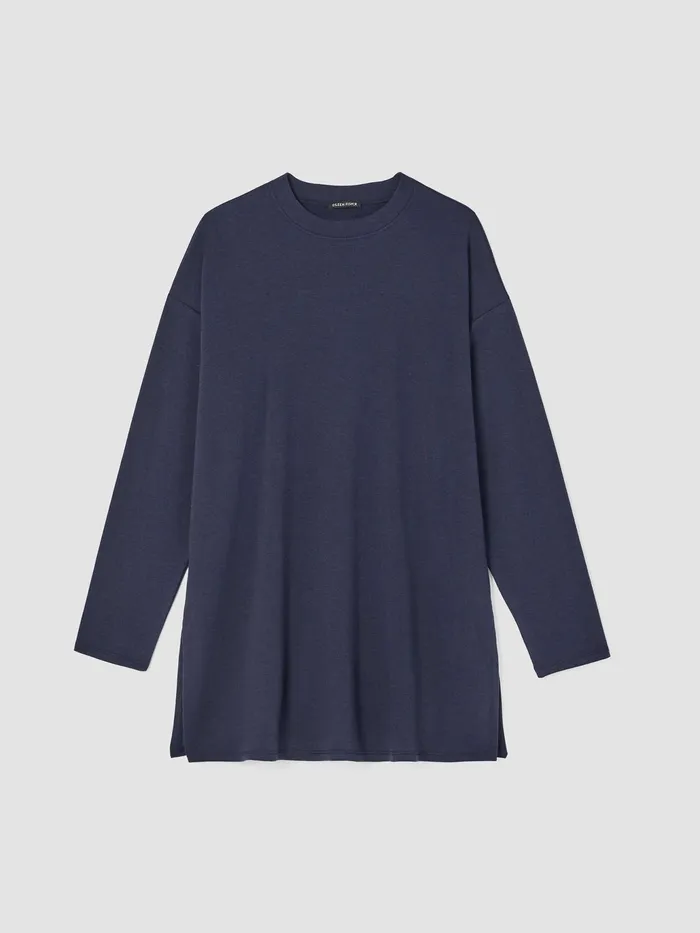 Cozy Brushed Terry Hug Crew Neck Long Top Black Women Eileen Fisher Tops and Tees
