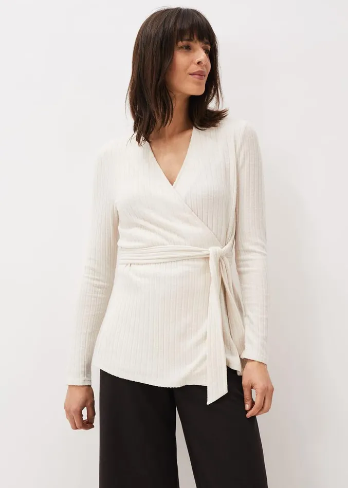 Deona Ribbed Wrap Top Cream Women Phase Eight Tops and TShirts