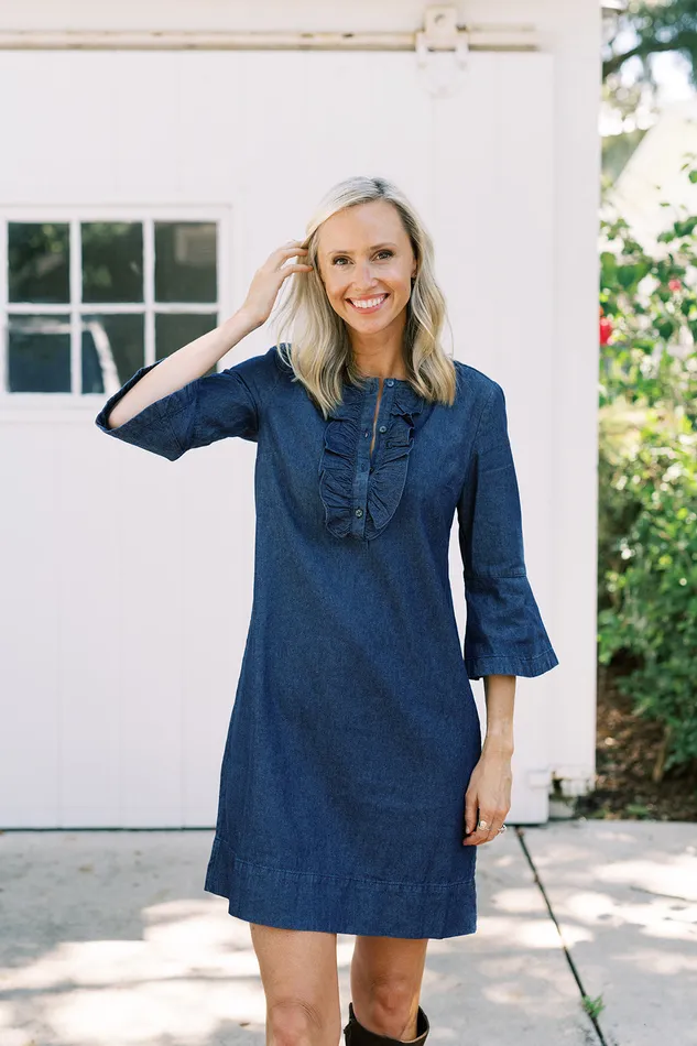 Draper James Chambray Ruffle Shift Dress Women Dresses