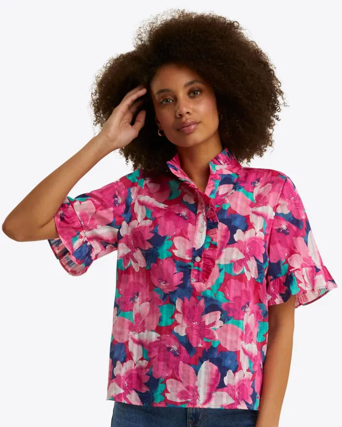 Draper James Christina Ruffle Top In Shadow Stripe Women Tops