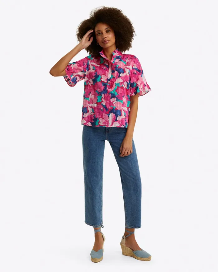 Draper James Christina Ruffle Top In Shadow Stripe Women Tops