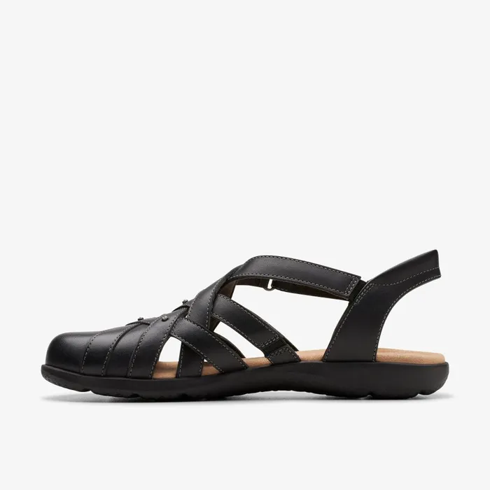 Elizabelle Sea Black Leather Women Clarks Sandals and Flip Flops