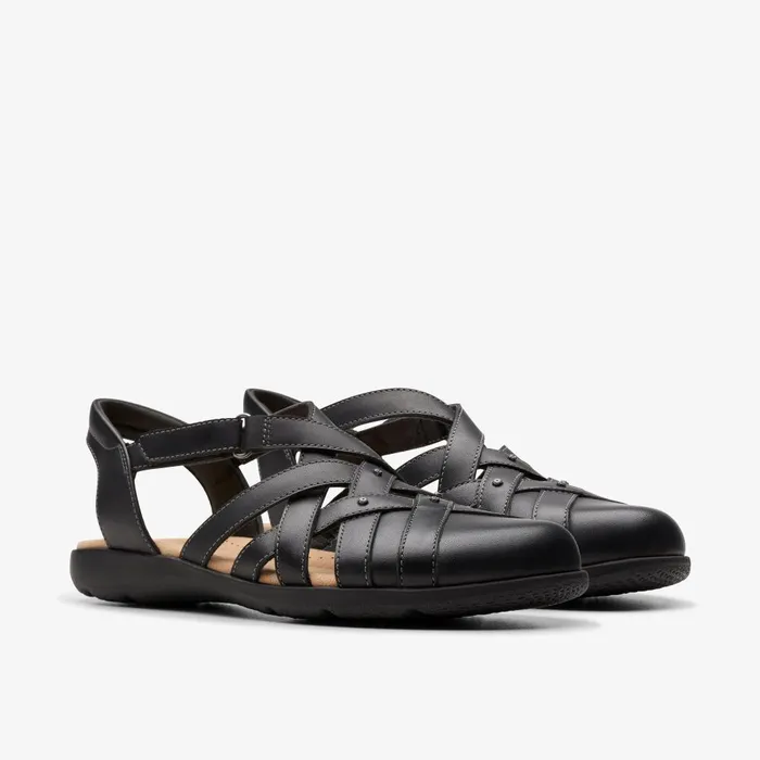 Elizabelle Sea Black Leather Women Clarks Sandals and Flip Flops