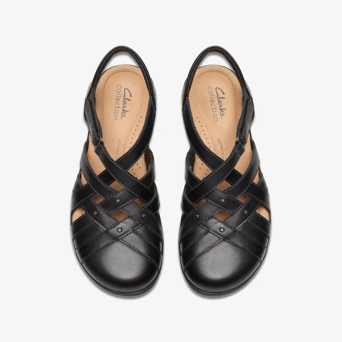 Elizabelle Sea Black Leather Women Clarks Sandals and Flip Flops