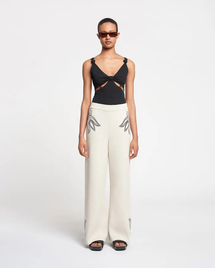 Emmie Embroidered TexturedLinen Pants NaturalBlack Women Nanushka Pants