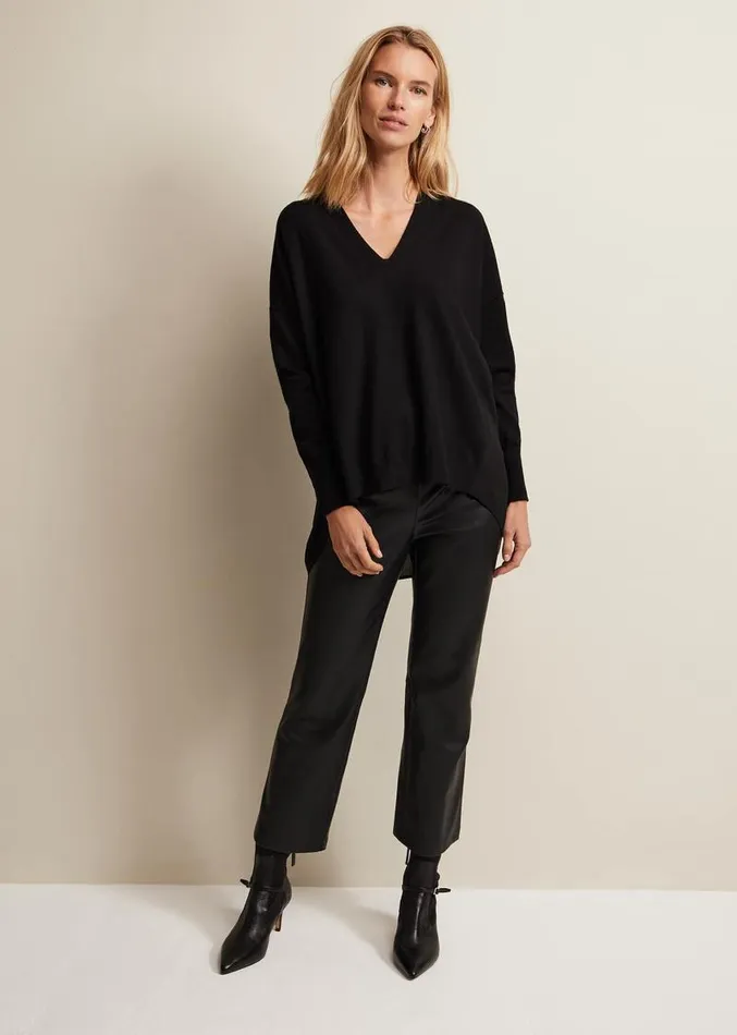 Flora Black VNeck Fine Knit Top Black Women Phase Eight Knitwear