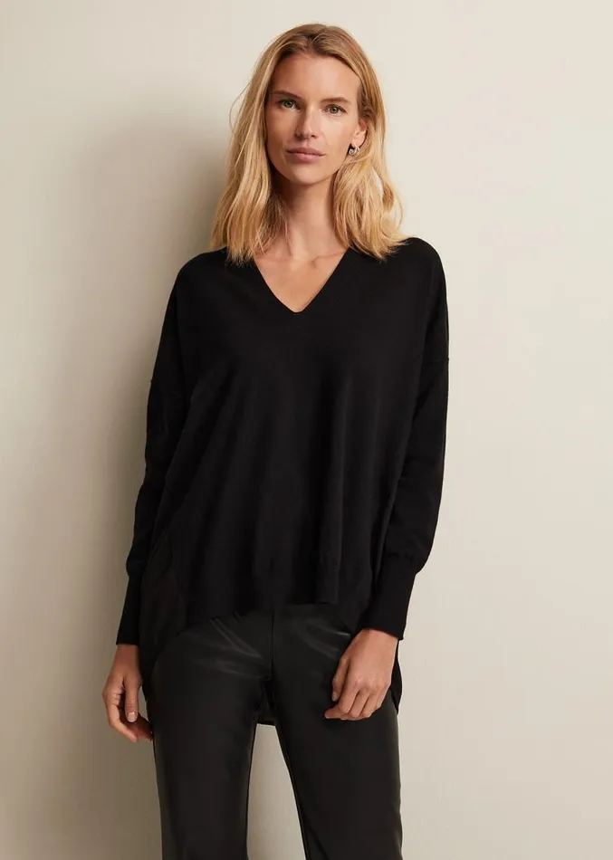 Flora Black VNeck Fine Knit Top Black Women Phase Eight Knitwear