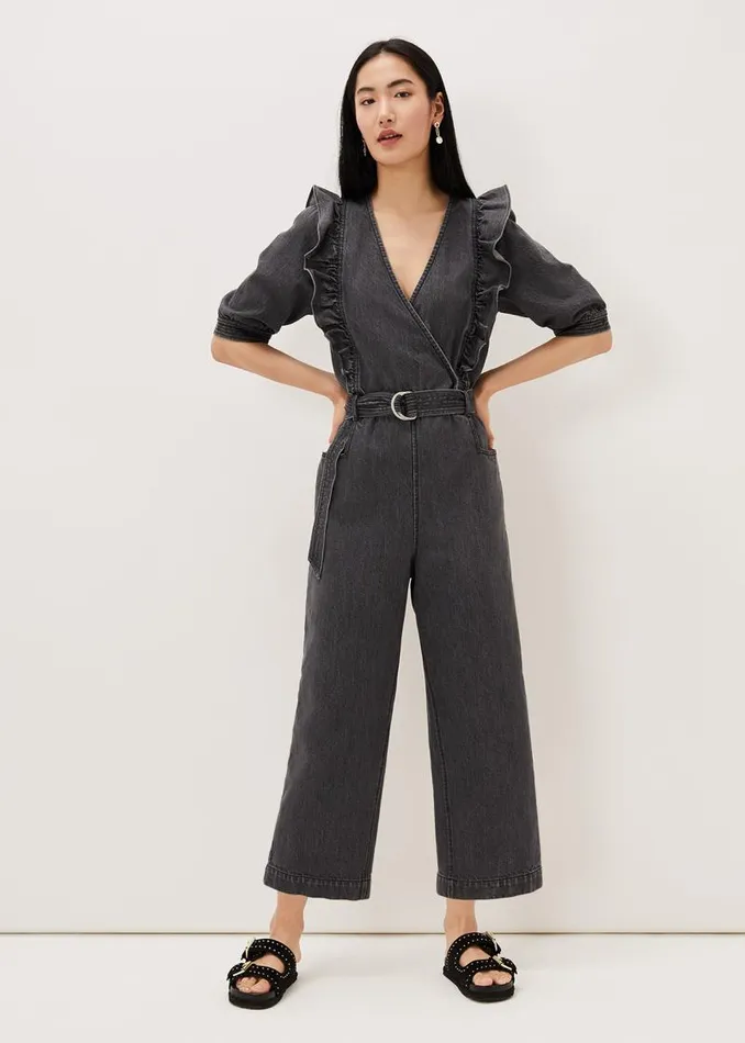 Flora Denim Frill Jumpsuit Grey Women Phase Eight Dresses