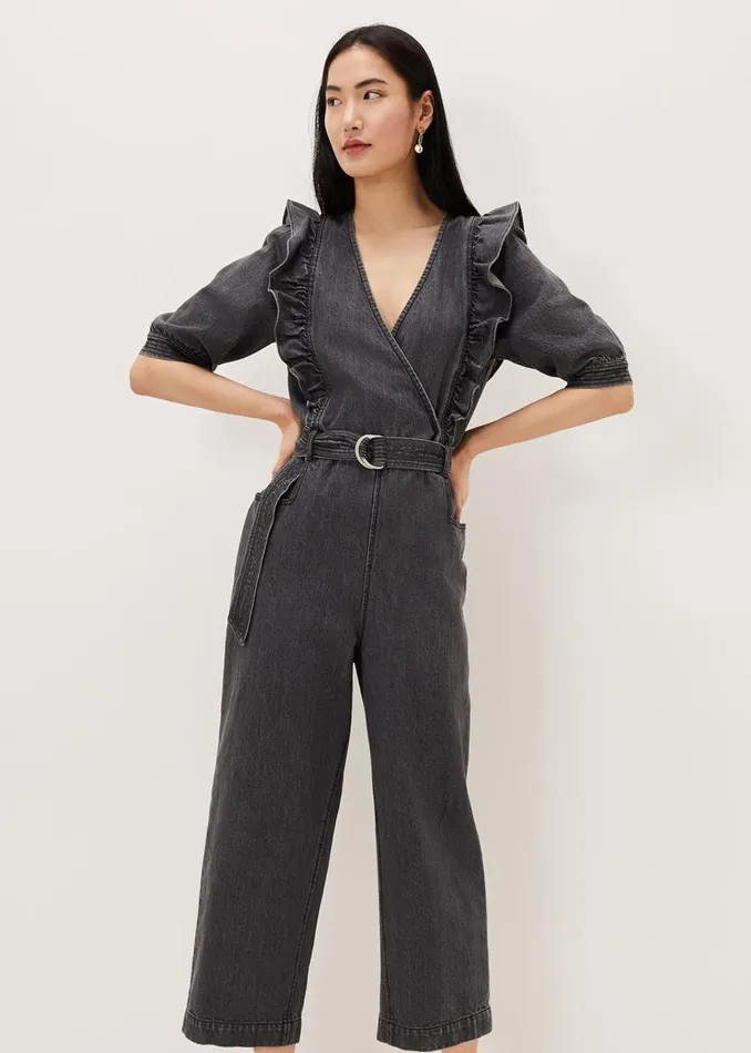 Flora Denim Frill Jumpsuit Grey Women Phase Eight Dresses
