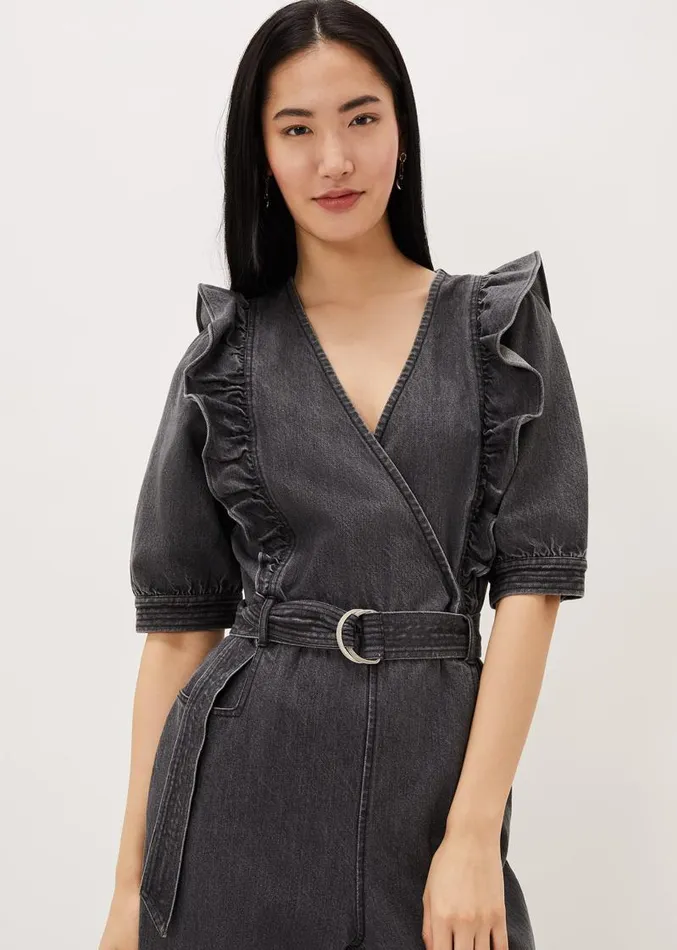 Flora Denim Frill Jumpsuit Grey Women Phase Eight Dresses