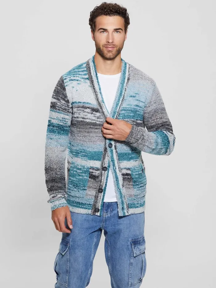 GUESS Hoodies and Sweaters Edoardo Space Dye Cardigan Sweater Blue 8211 Men