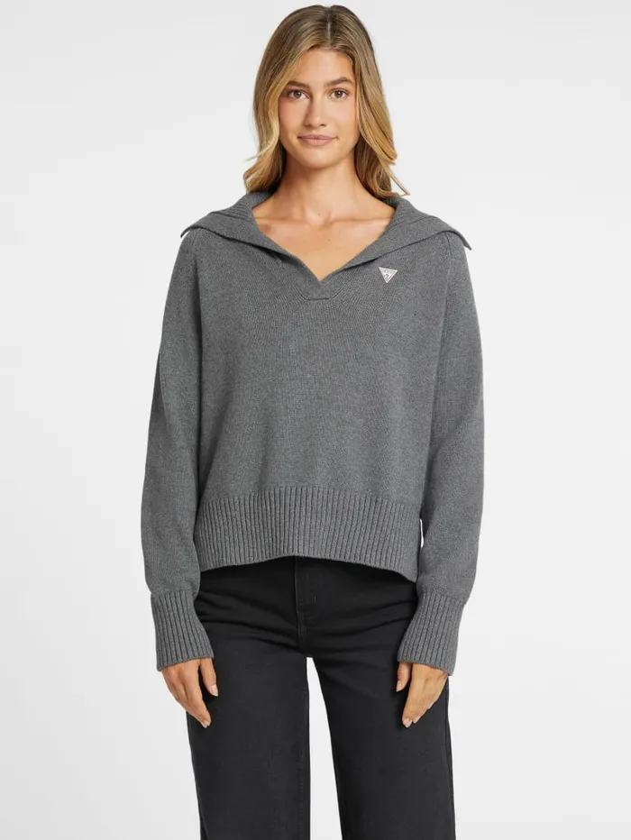 GUESS Hoodies and Sweaters Mini Triangle Polo Sweater Gray 8211 Women