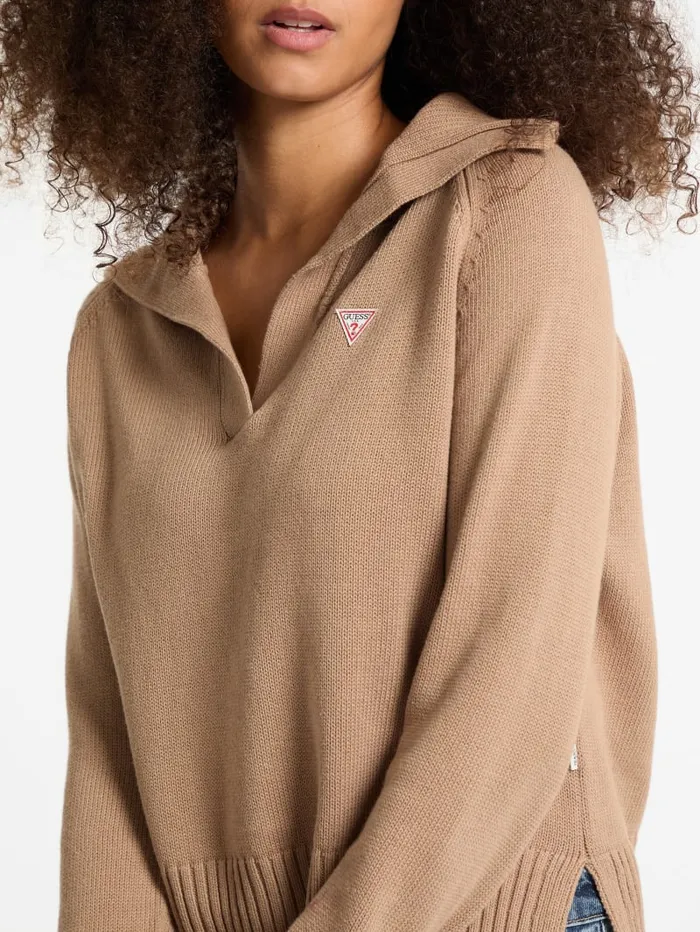 GUESS Hoodies and Sweaters Mini Triangle Polo Sweater Gray 8211 Women