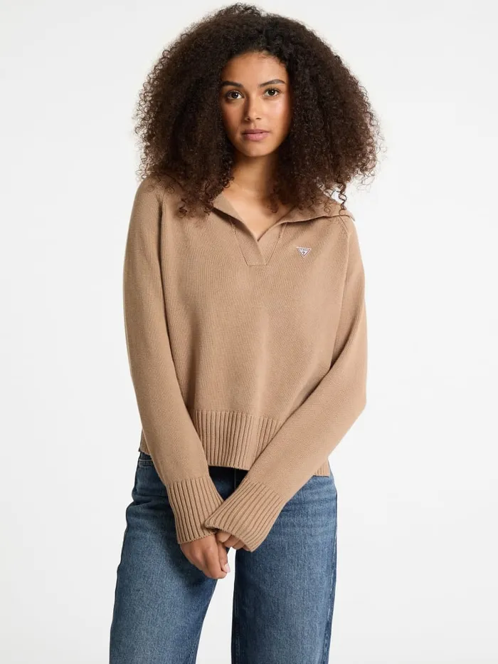 GUESS Hoodies and Sweaters Mini Triangle Polo Sweater Gray 8211 Women