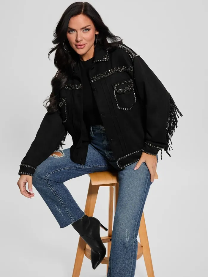GUESS Jackets and Coats Angelica FauxSuede Studded Fringe Jacket Black 8211 Women