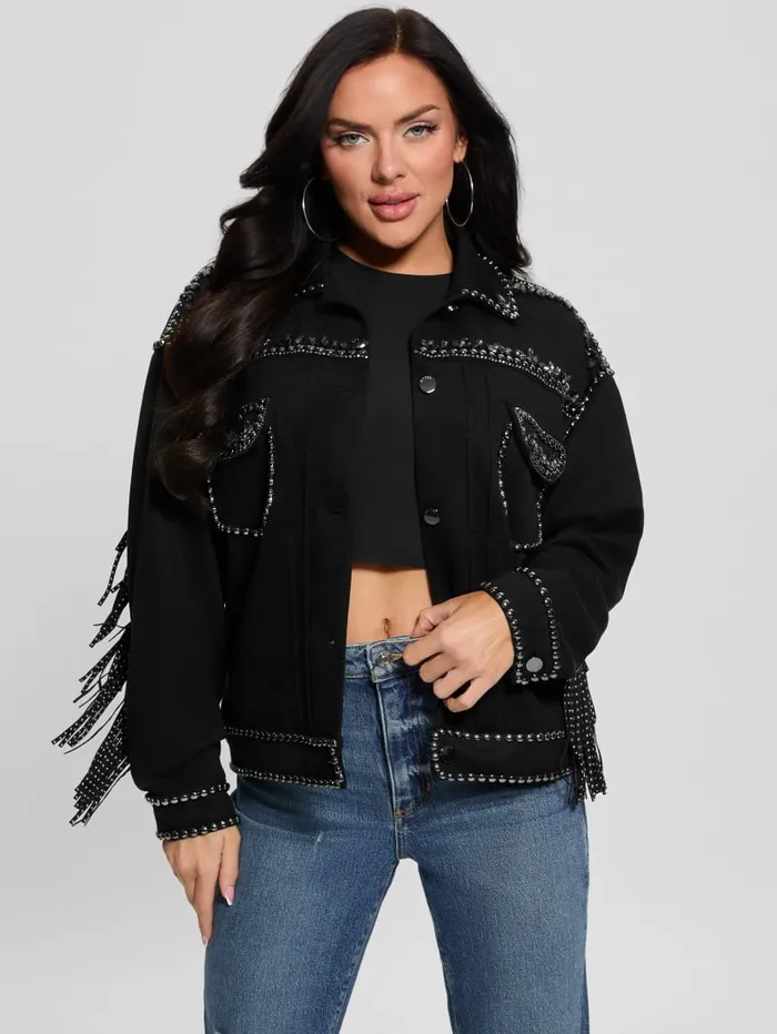 GUESS Jackets and Coats Angelica FauxSuede Studded Fringe Jacket Black 8211 Women