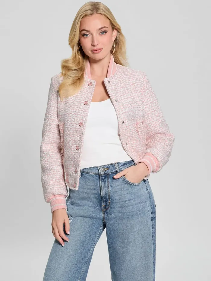 GUESS Jackets and Coats Eco Gloria Tweed Flight Jacket Blue 8211 Women