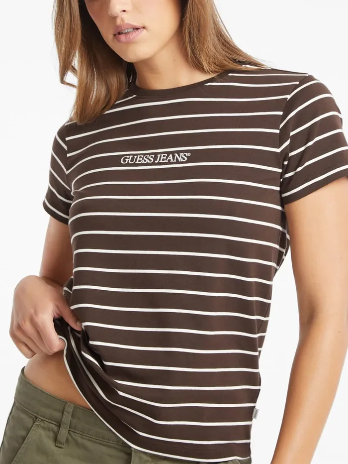 GUESS Tops Classic Embroidered Logo Striped Tee Brown 8211 Women