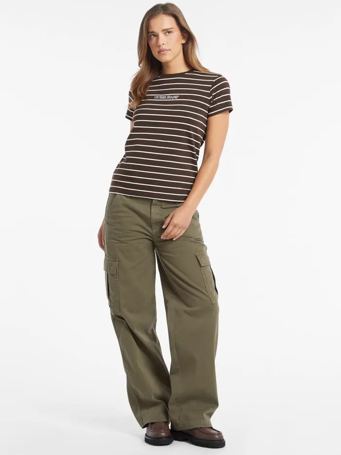 GUESS Tops Classic Embroidered Logo Striped Tee Brown 8211 Women