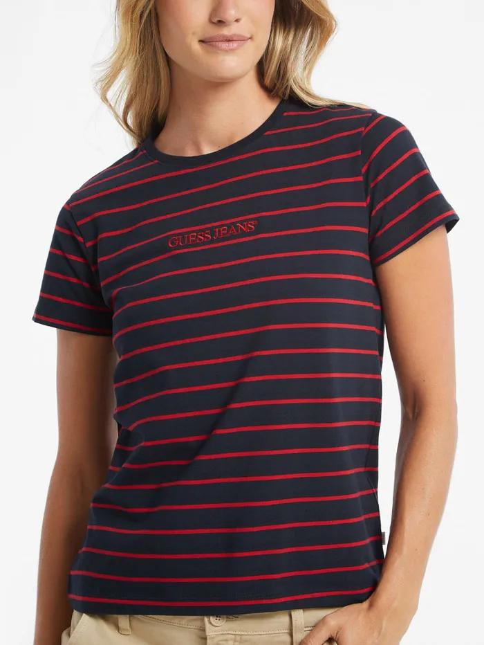 GUESS Tops Classic Embroidered Logo Striped Tee Brown 8211 Women