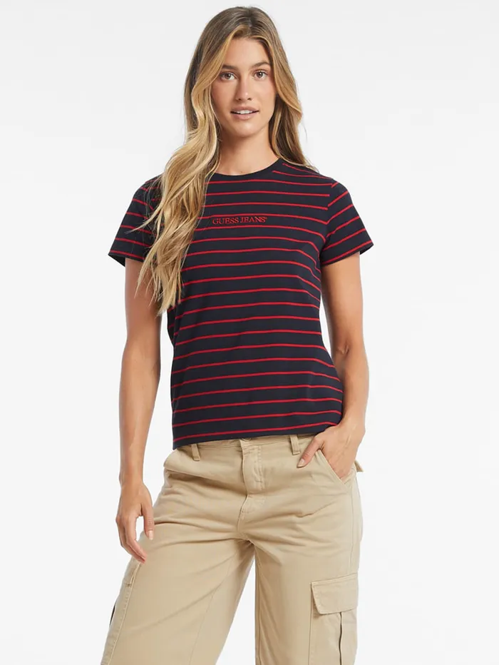 GUESS Tops Classic Embroidered Logo Striped Tee Brown 8211 Women