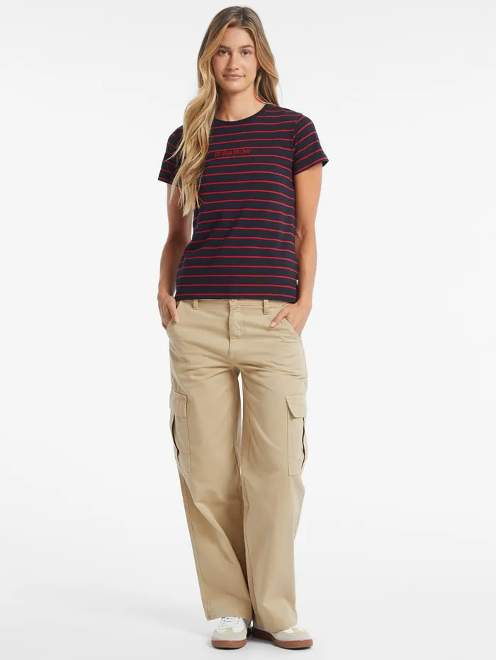 GUESS Tops Classic Embroidered Logo Striped Tee Brown 8211 Women