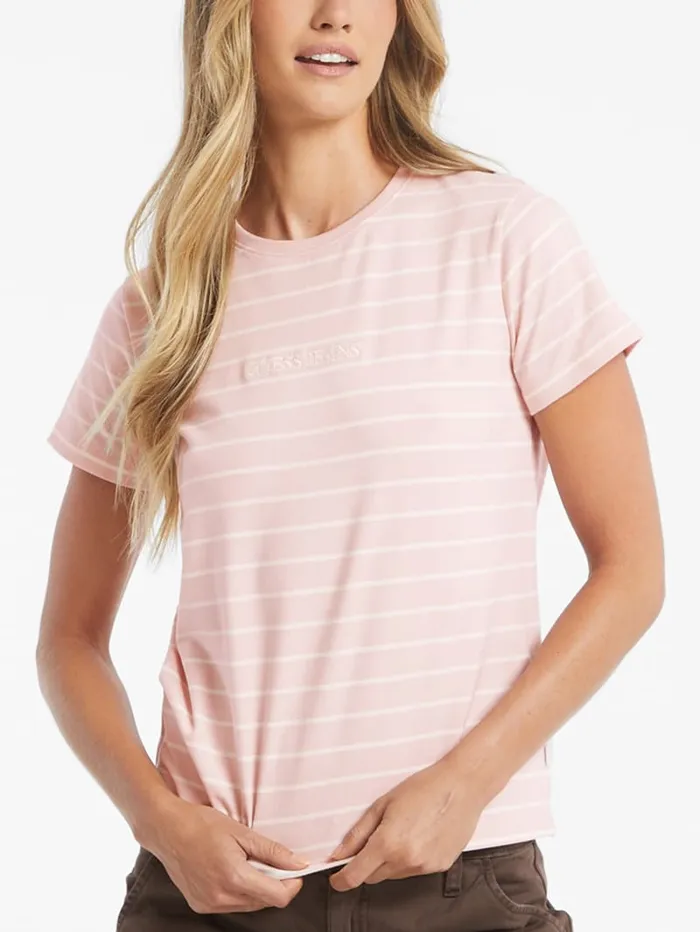 GUESS Tops Classic Embroidered Logo Striped Tee Brown 8211 Women