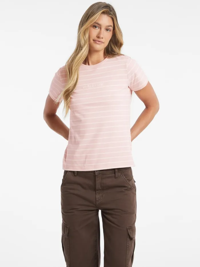 GUESS Tops Classic Embroidered Logo Striped Tee Brown 8211 Women