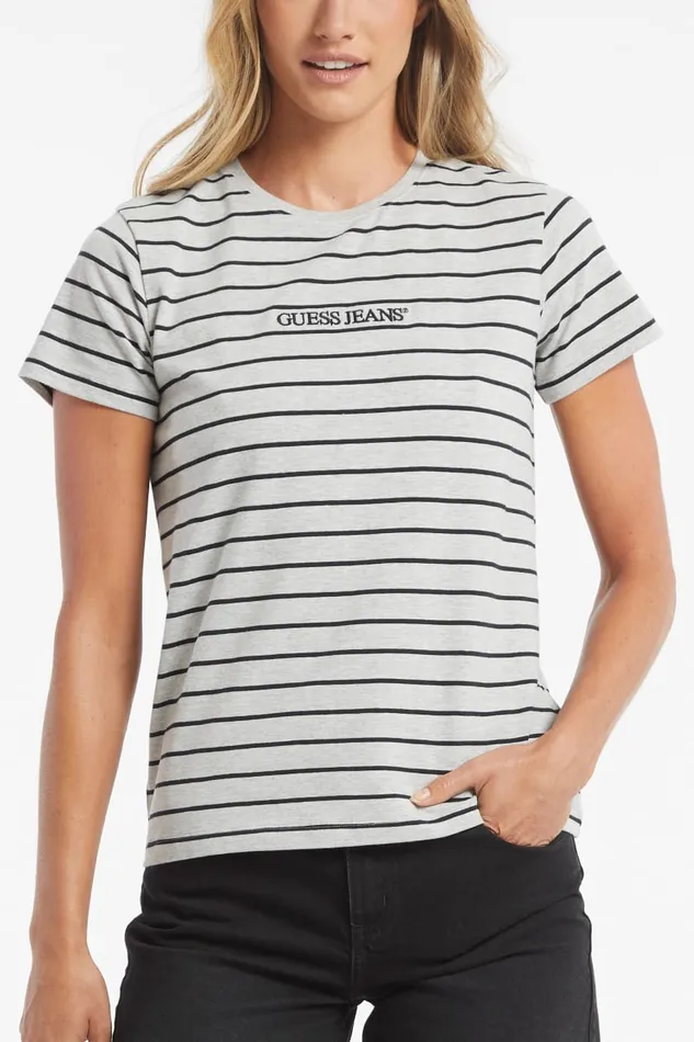 GUESS Tops Classic Embroidered Logo Striped Tee Brown 8211 Women