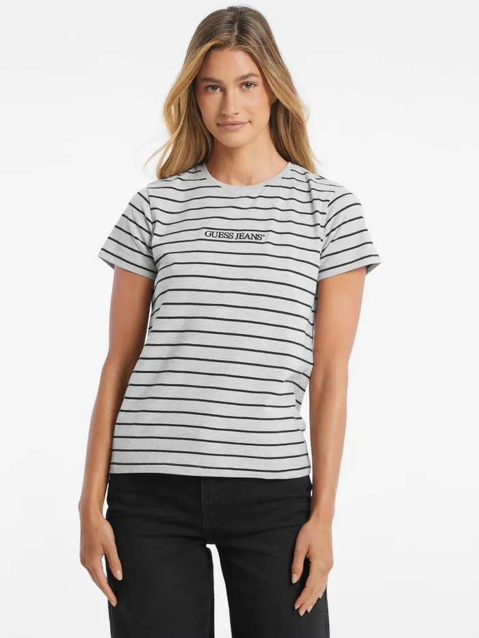 GUESS Tops Classic Embroidered Logo Striped Tee Brown 8211 Women
