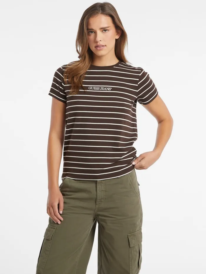 GUESS Tops Classic Embroidered Logo Striped Tee Brown 8211 Women