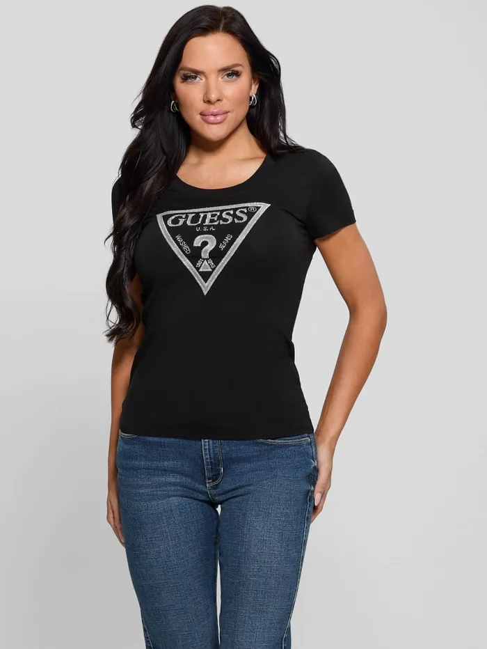 GUESS Tops Eco Shiny Signature Triangle Tee Black 8211 Women