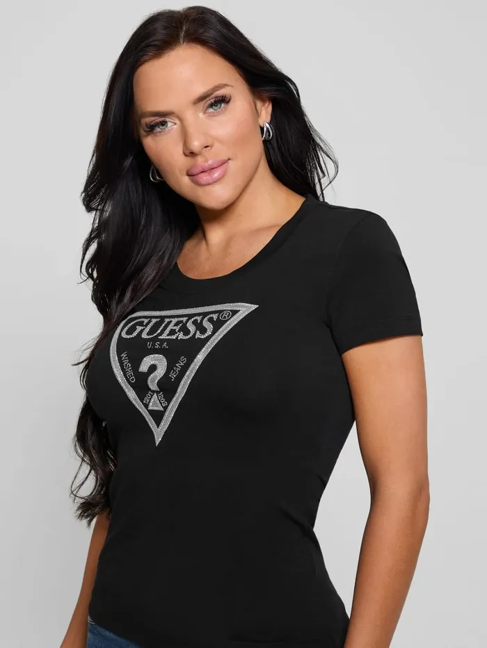 GUESS Tops Eco Shiny Signature Triangle Tee Black 8211 Women