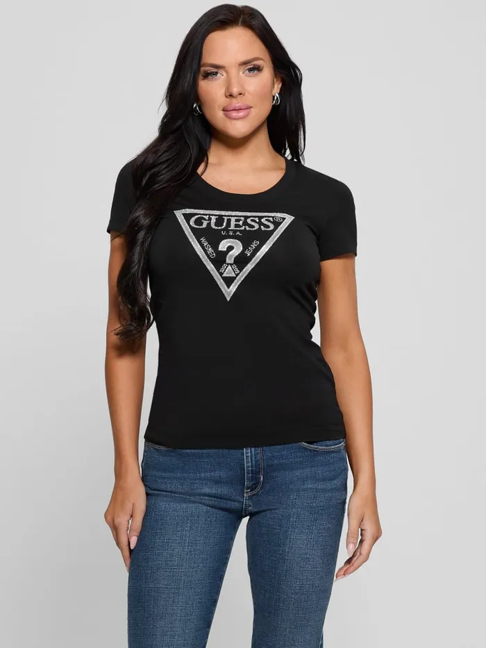 GUESS Tops Eco Shiny Signature Triangle Tee Black 8211 Women
