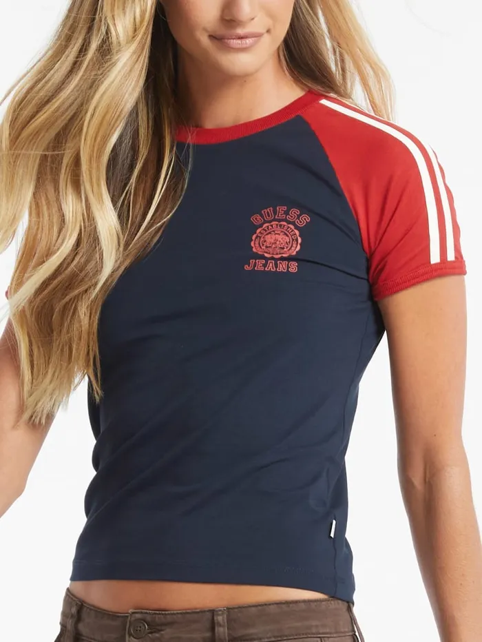 GUESS Tops Slim Crest Logo Raglan Tee White 8211 Women