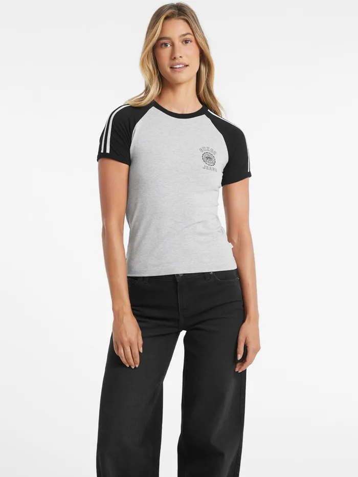 GUESS Tops Slim Crest Logo Raglan Tee White 8211 Women