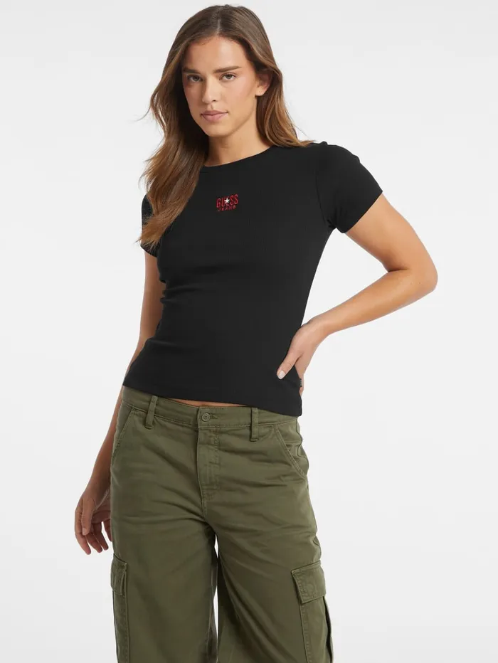 GUESS Tops Slim Embroidered Logo Tee Brown 8211 Women