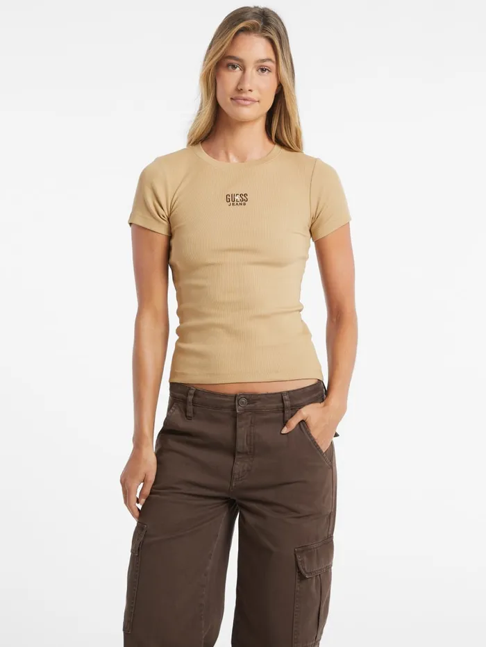 GUESS Tops Slim Embroidered Logo Tee Brown 8211 Women