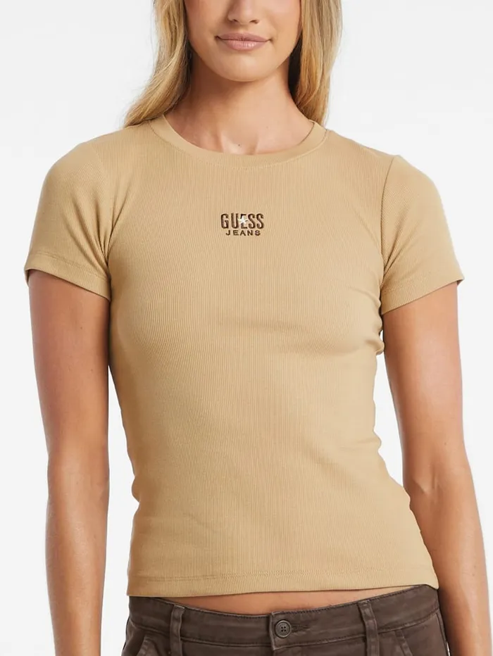 GUESS Tops Slim Embroidered Logo Tee Brown 8211 Women