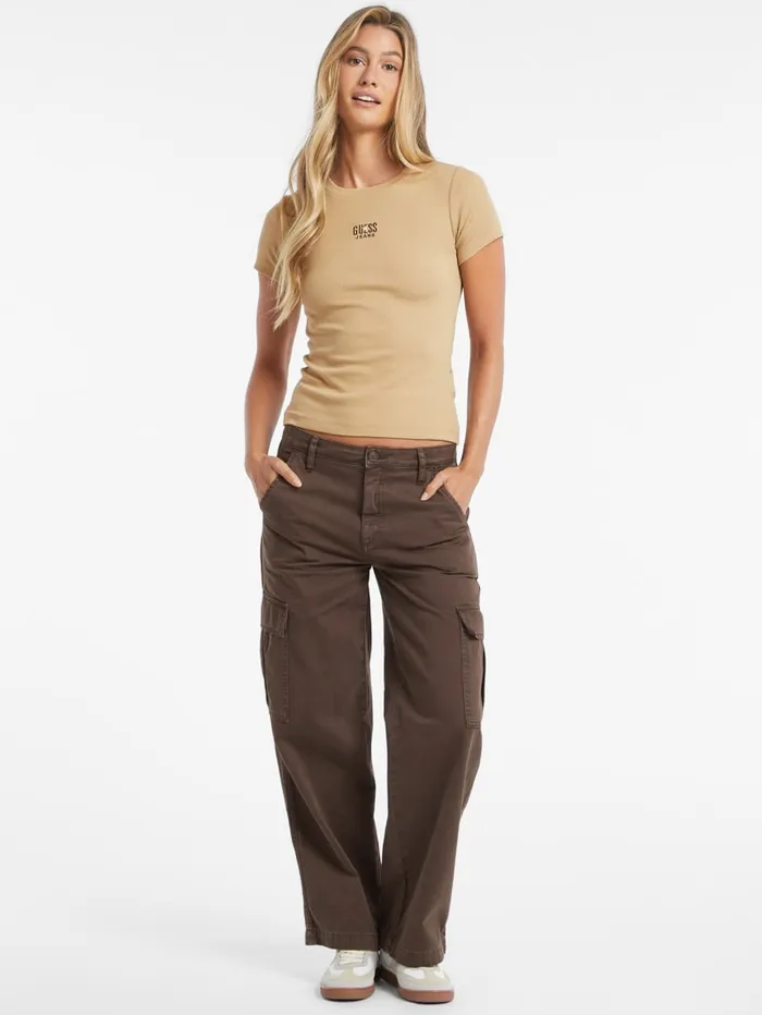 GUESS Tops Slim Embroidered Logo Tee Brown 8211 Women