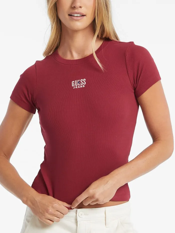 GUESS Tops Slim Embroidered Logo Tee Brown 8211 Women