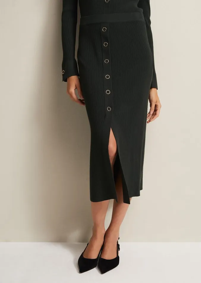 Irina Ribbed Button Detail Skirt Dark Green Women Phase Eight Skirts