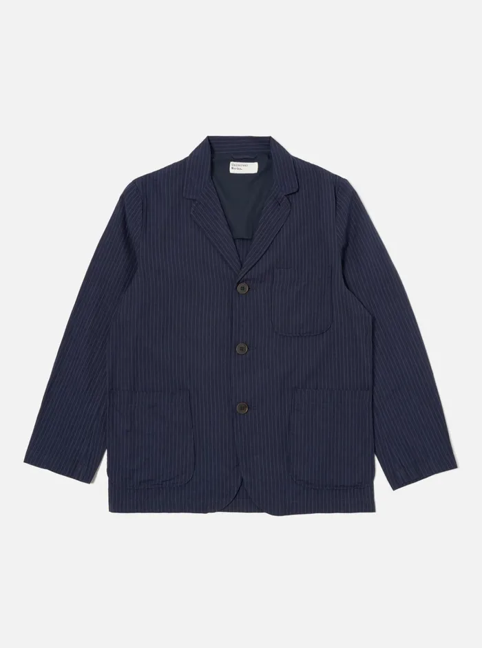 Jackets Men Universal Works Universal Works Three Button Jacket In Navy Cotton Pinstripe Jackets Men Universal Works Universal Works Three Button Jacket In Navy Cotton Pinstripe