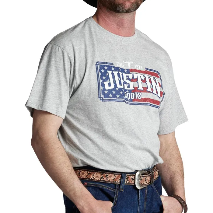 Justin Boots Justin License Plate Flag Tee Grey Men TShirts and Polos