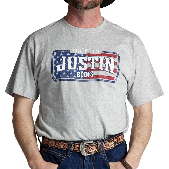Justin Boots Justin License Plate Flag Tee Grey Men TShirts and Polos