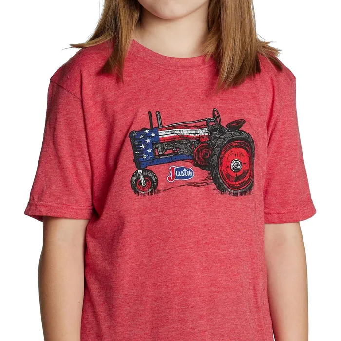 Justin Boots Patriotic Tractor Tee Red Heather red Kids Tshirts and Tops